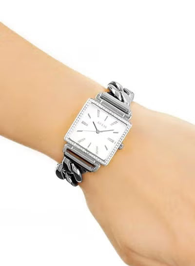 Guess W1030L1 Silver-Tone Crystal-Accented Women’s Watch – White Square Dial, Stainless Steel Bracelet, 28mm Quartz