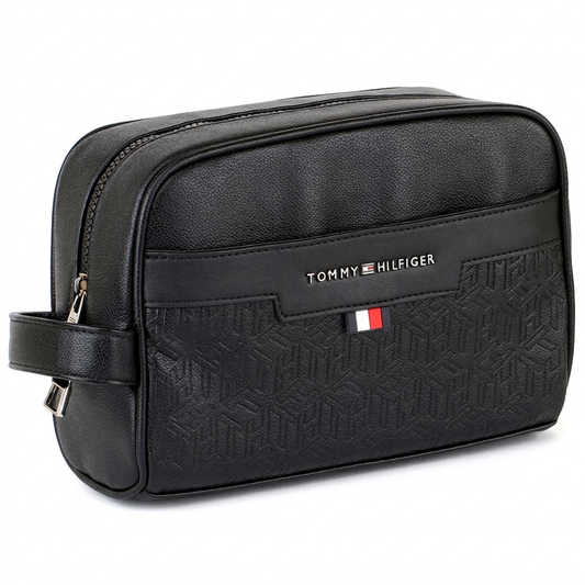 Tommy Hilfiger Polished Black Men’s Pouch With Embossed Flag Detail
