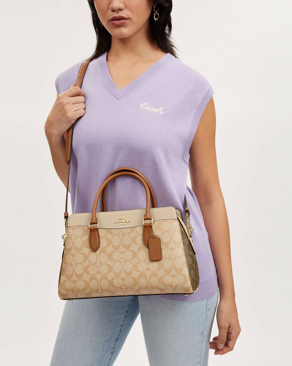 شنطة Coach Signature Satchel – Beige & Tan (original)