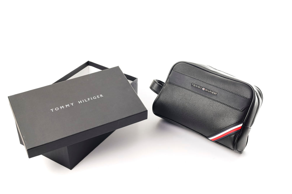 Tommy Hilfiger Polished Black Men’s Pouch With Corner Stripe