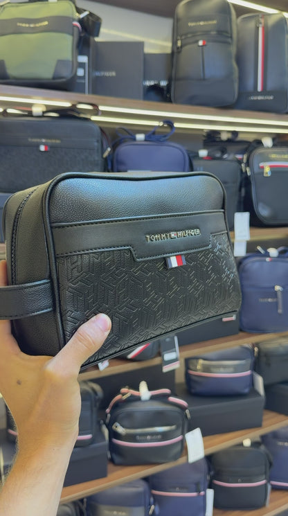 Tommy Hilfiger Polished Black Men’s Pouch With Embossed Flag Detail