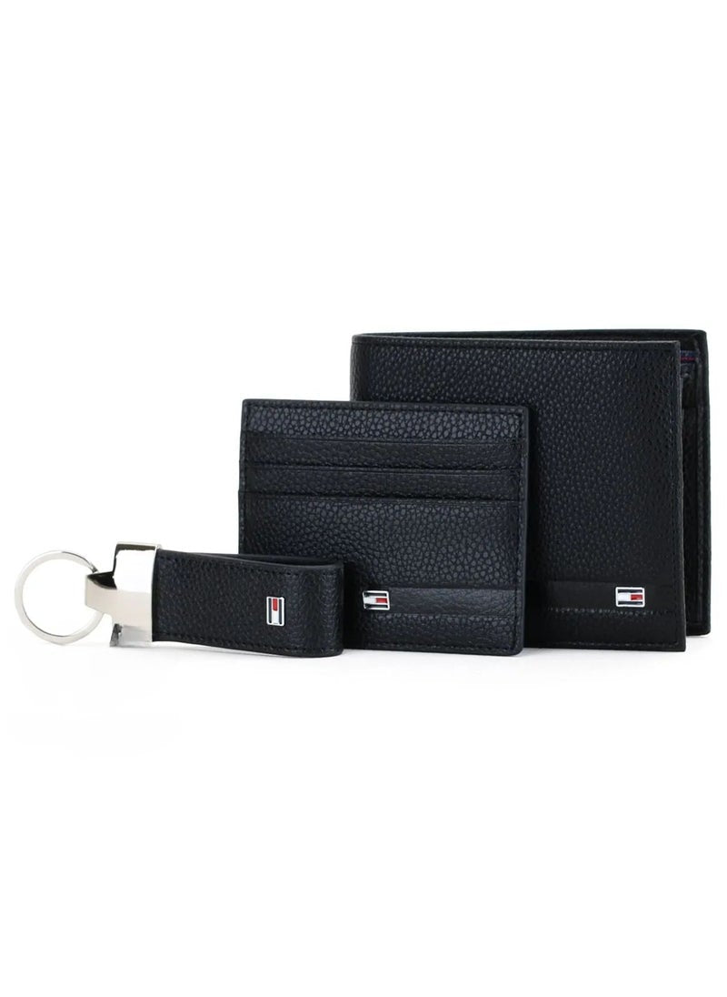 TH Black Leather Wallet-Keychain-Card Holder Set For Men