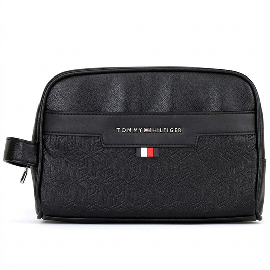 Tommy Hilfiger Polished Black Men’s Pouch With Embossed Flag Detail