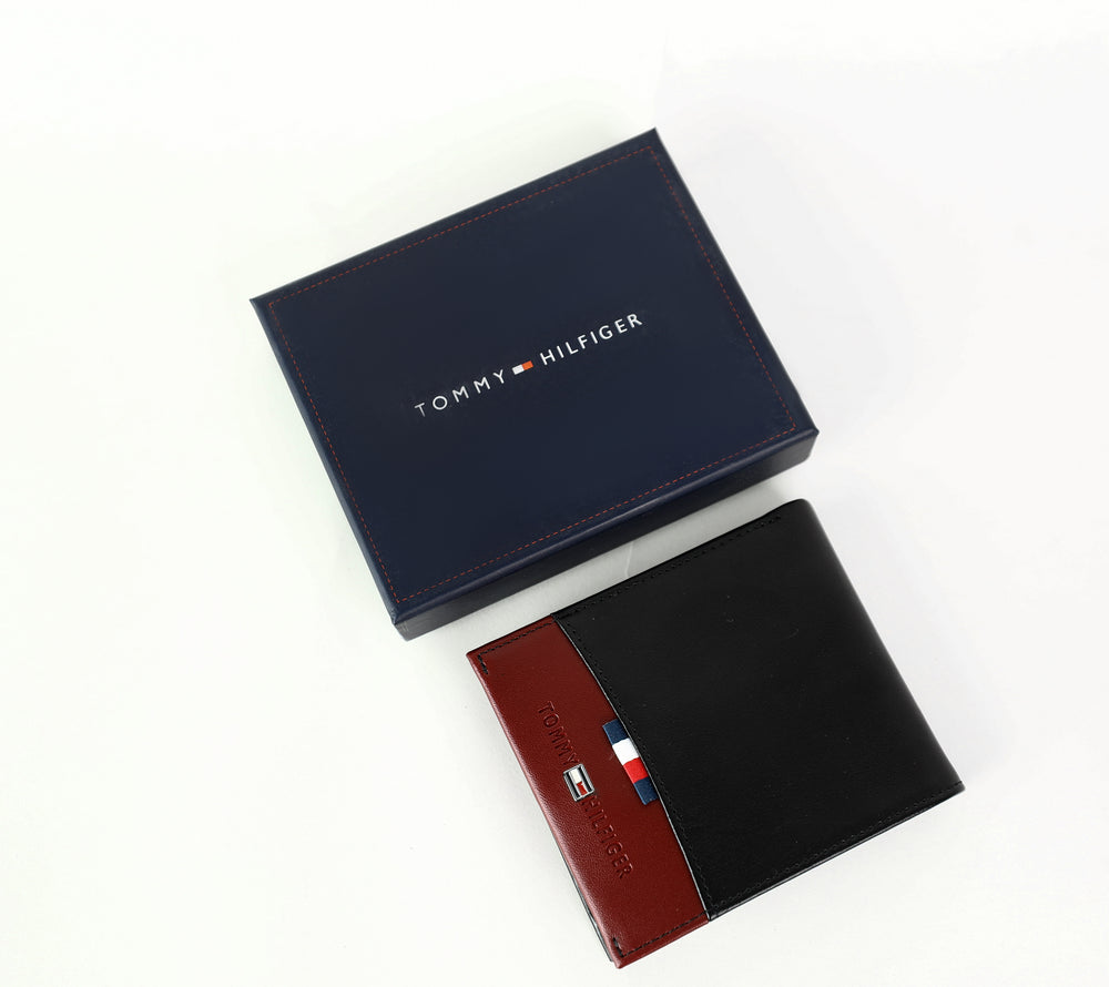 TH Black Leather Bifold Wallet For Men