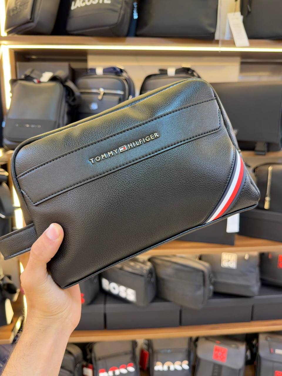 Tommy Hilfiger Polished Black Men’s Pouch With Corner Stripe