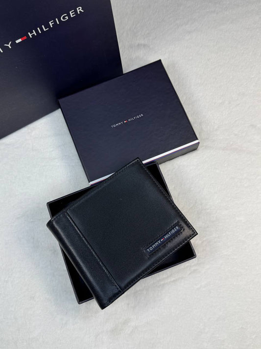 TH Black Leather Bifold Wallet For Men