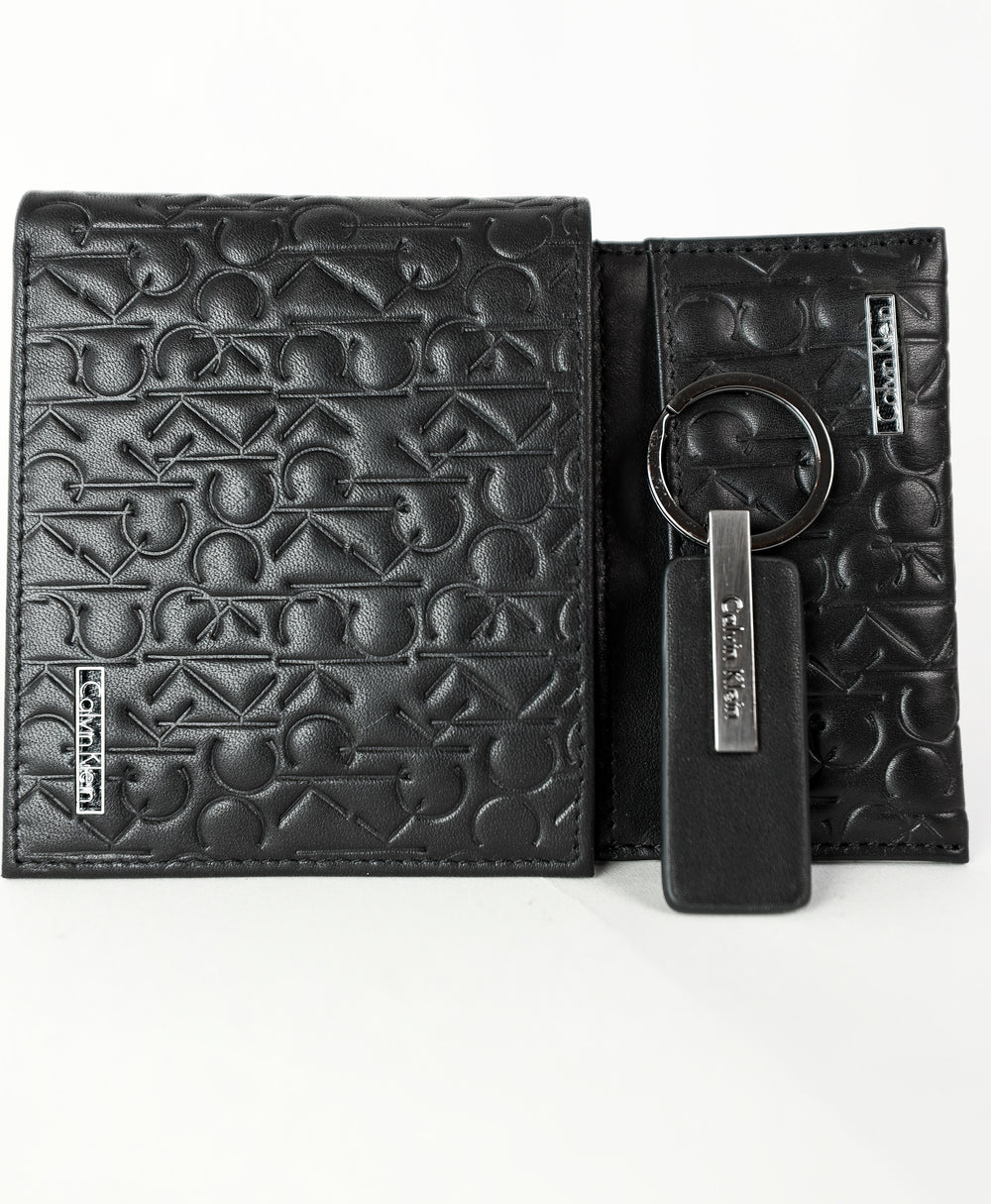 CK Black Monogram Leather Wallet-Keychain-Card Holder Set For Men