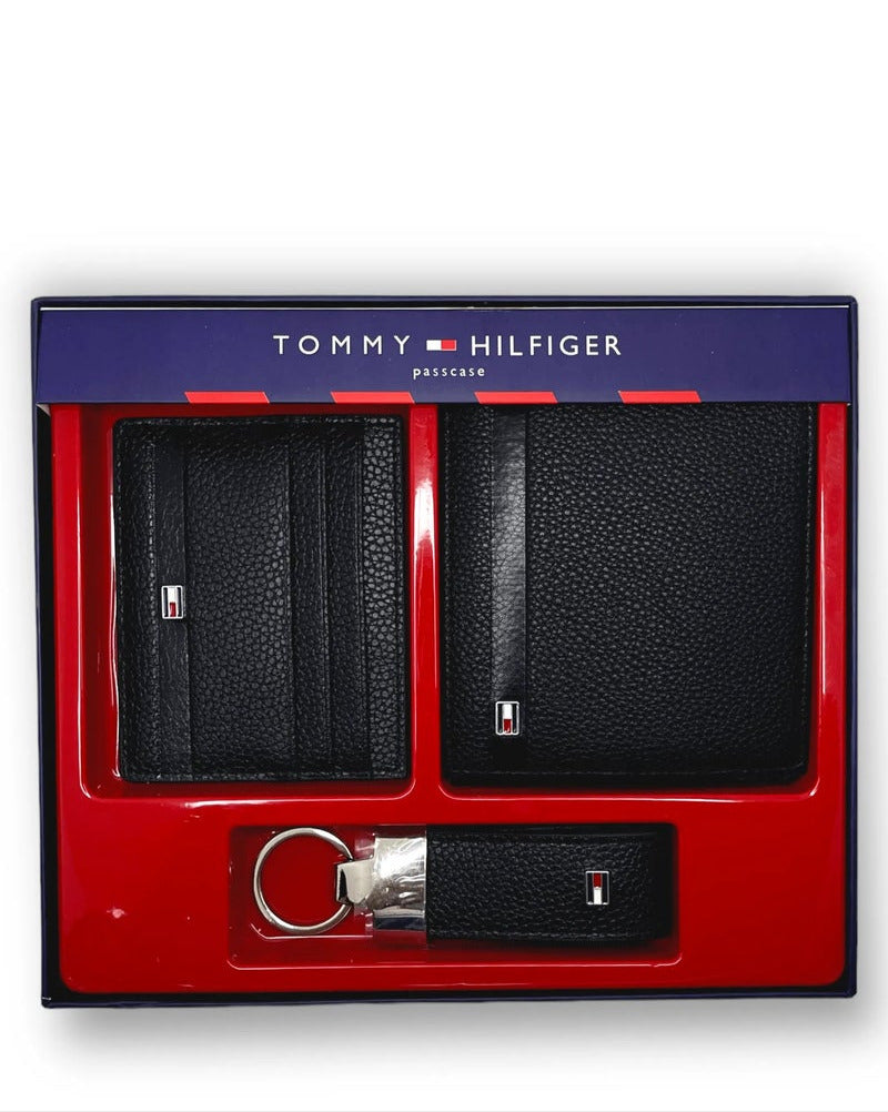 TH Black Leather Wallet-Keychain-Card Holder Set For Men