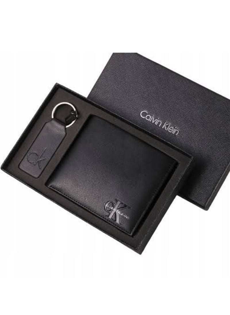 CK Black Leather Wallet & Keychain Set For Men
