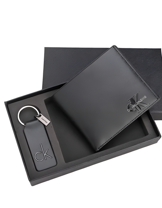 CK Black Leather Wallet & Keychain Set For Men