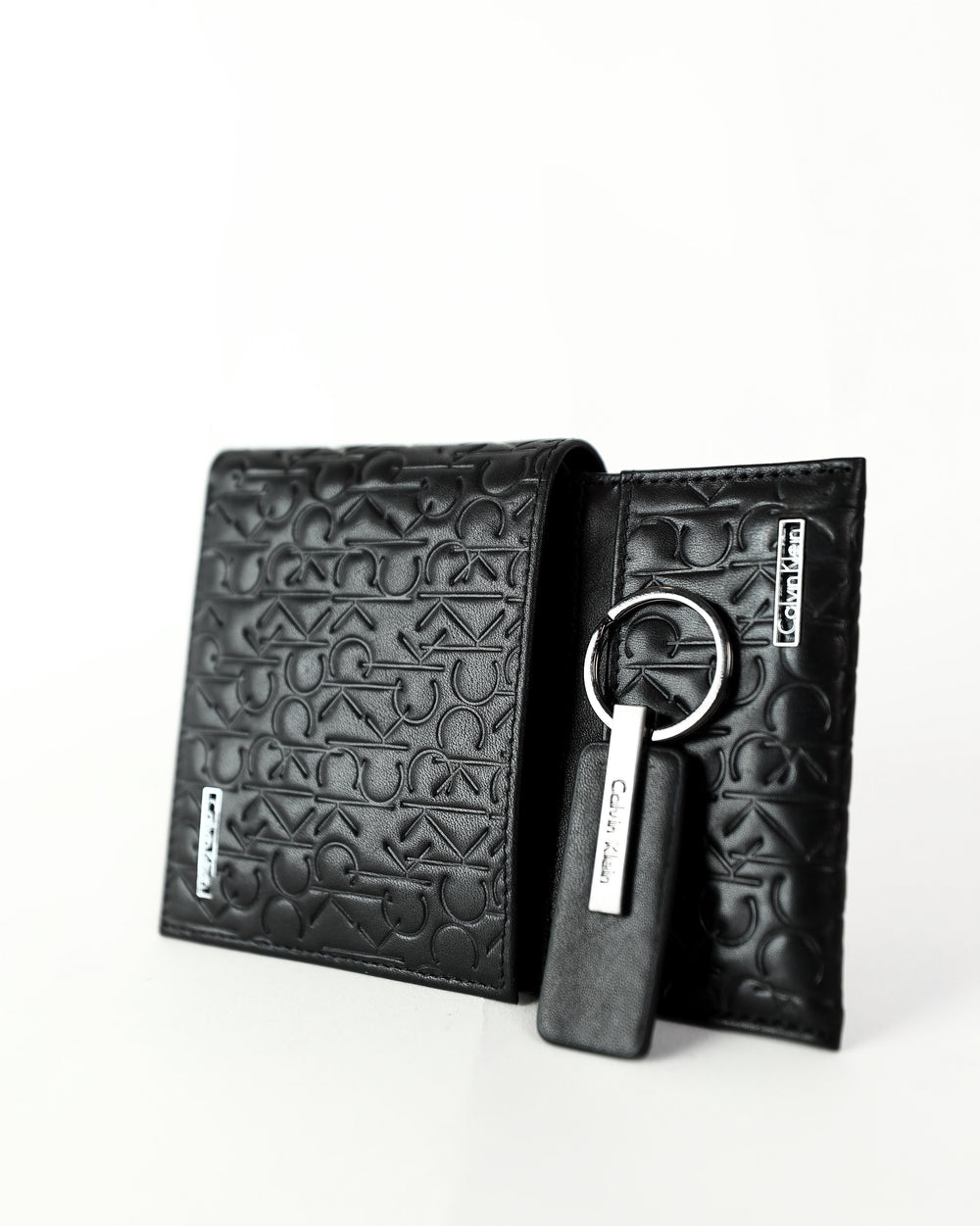 CK Black Monogram Leather Wallet-Keychain-Card Holder Set For Men