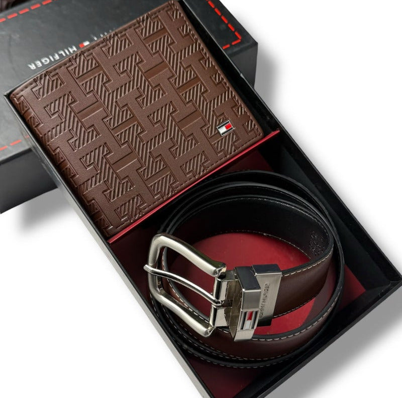 TH Brown Leather Wallet-Belt Set For Men