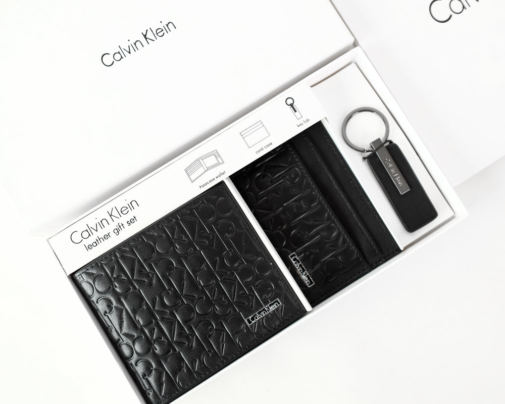 CK Black Monogram Leather Wallet-Keychain-Card Holder Set For Men