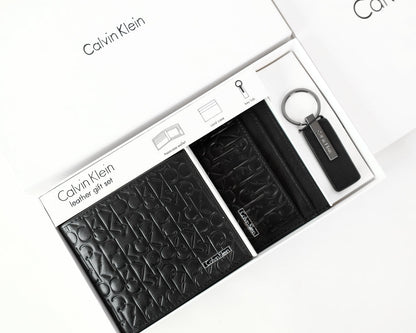 CK Black Monogram Leather Wallet-Keychain-Card Holder Set For Men