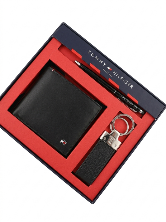 Tommy Hilfiger Men’s 3-Piece Executive Set: Leather Wallet, Keychain & Premium Pen