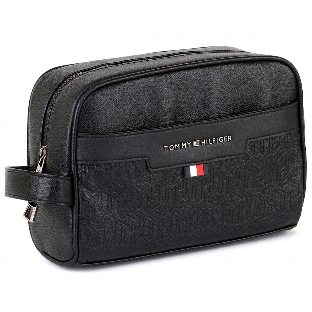Tommy Hilfiger Polished Black Men’s Pouch With Embossed Flag Detail