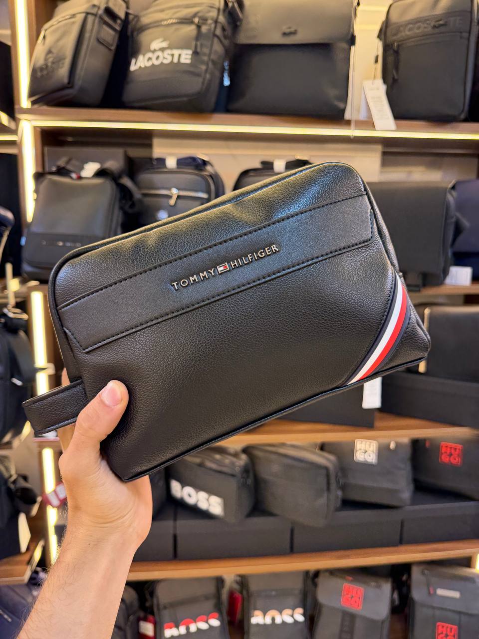 Tommy Hilfiger Polished Black Men’s Pouch With Corner Stripe