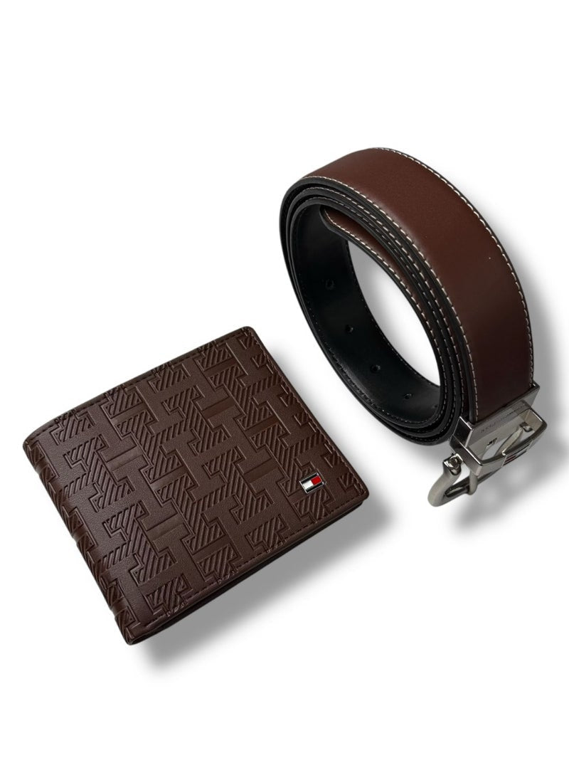 TH Brown Leather Wallet-Belt Set For Men