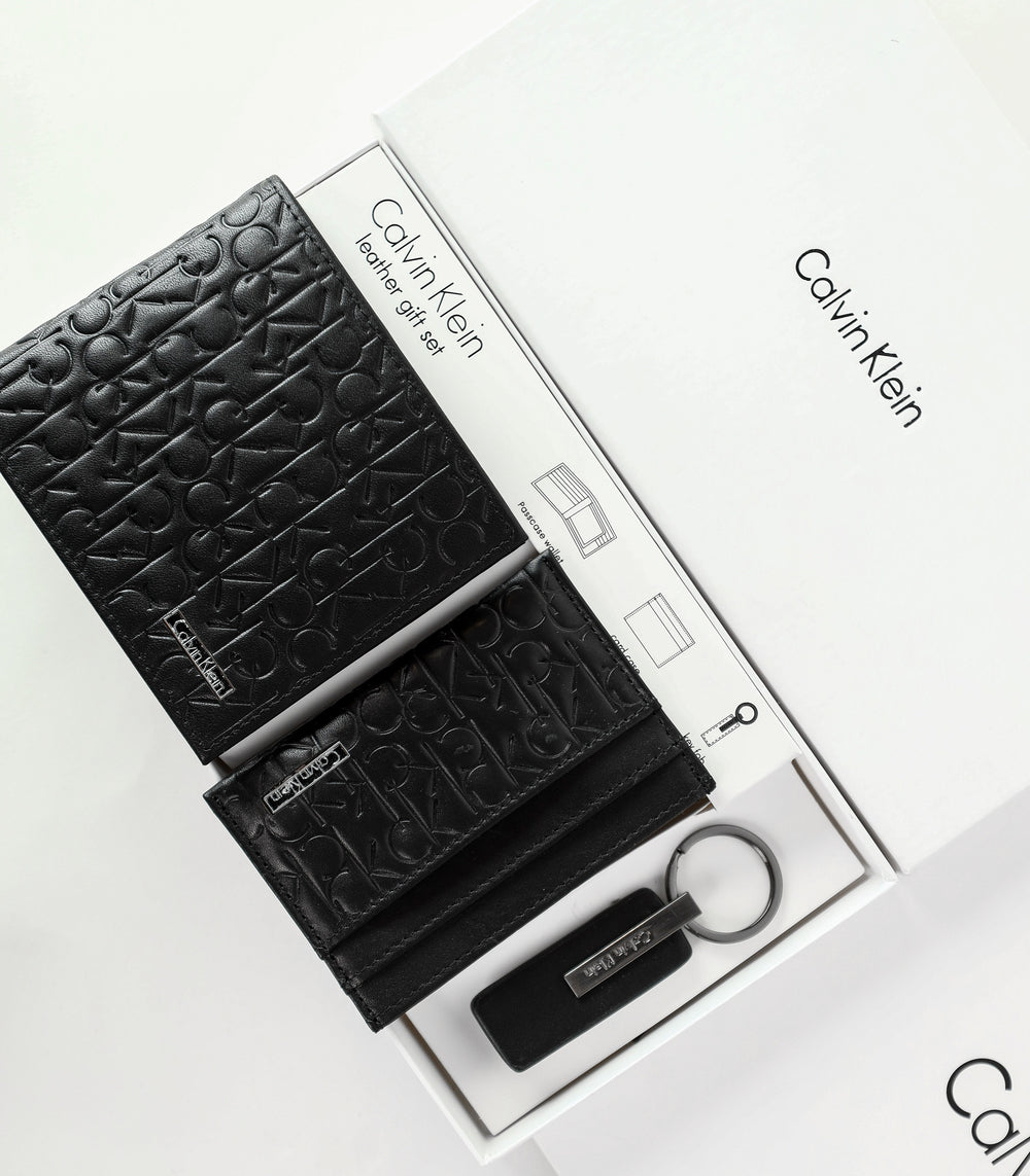 CK Black Monogram Leather Wallet-Keychain-Card Holder Set For Men