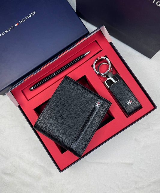 Tommy Hilfiger Men’s 3-Piece Executive Set: Leather Wallet, Keychain & Premium Pen