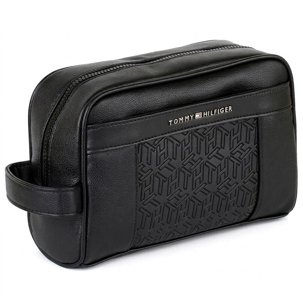 Tommy Hilfiger Polished Black Men’s Pouch With Monogram Pattern