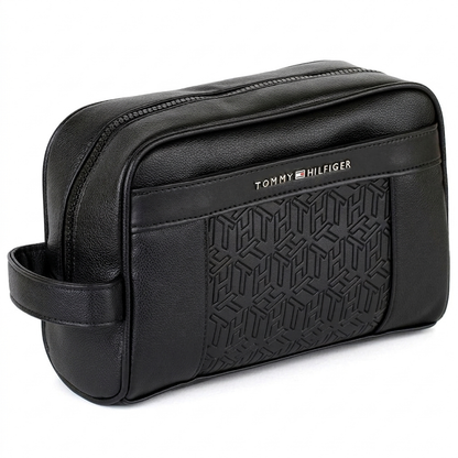 Tommy Hilfiger Polished Black Men’s Pouch With Monogram Pattern