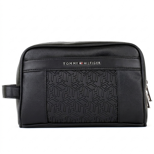 Tommy Hilfiger Polished Black Men’s Pouch With Monogram Pattern