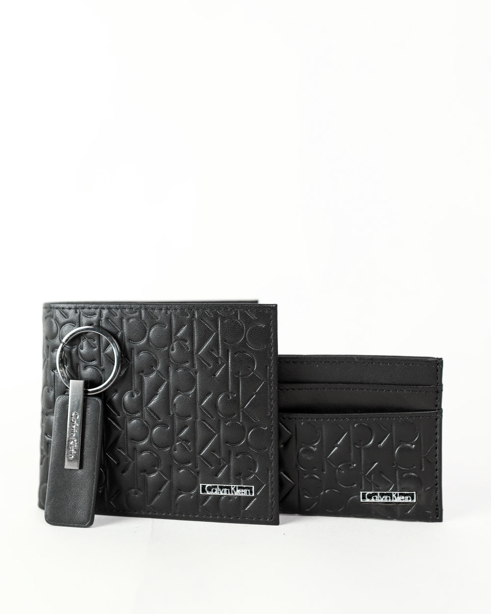 CK Black Monogram Leather Wallet-Keychain-Card Holder Set For Men