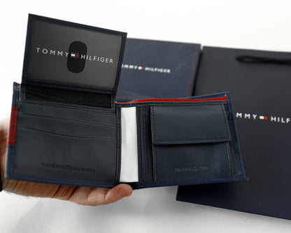 TH Navy Leather Bifold Wallet For Men