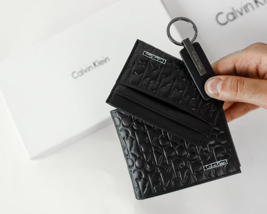 CK Black Monogram Leather Wallet-Keychain-Card Holder Set For Men