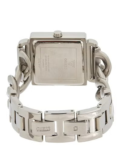 Guess W1030L1 Silver-Tone Crystal-Accented Women’s Watch – White Square Dial, Stainless Steel Bracelet, 28mm Quartz