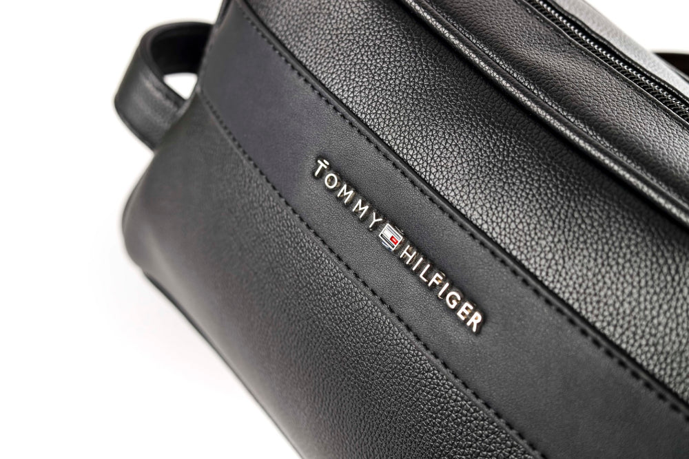 Tommy Hilfiger Polished Black Men’s Pouch With Corner Stripe