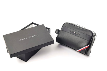 Tommy Hilfiger Polished Black Men’s Pouch With Corner Stripe