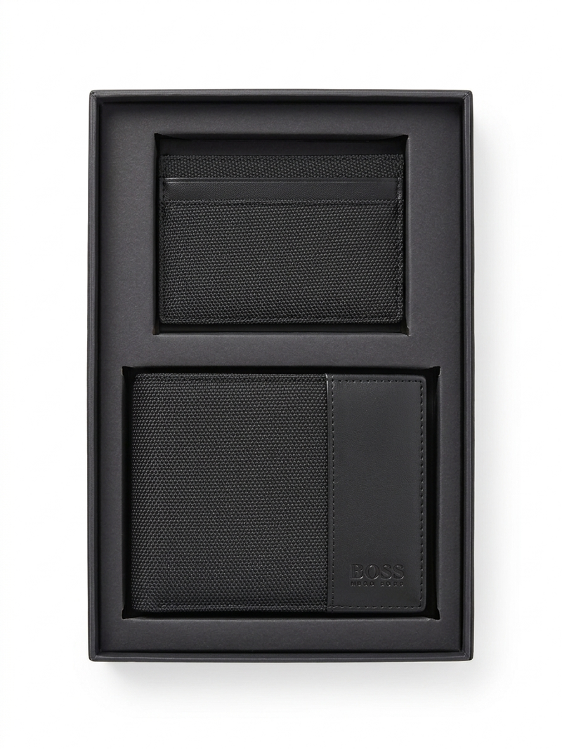 BOSS Men's Set: Textured Bi-Fold Wallet & Slim Card Holder